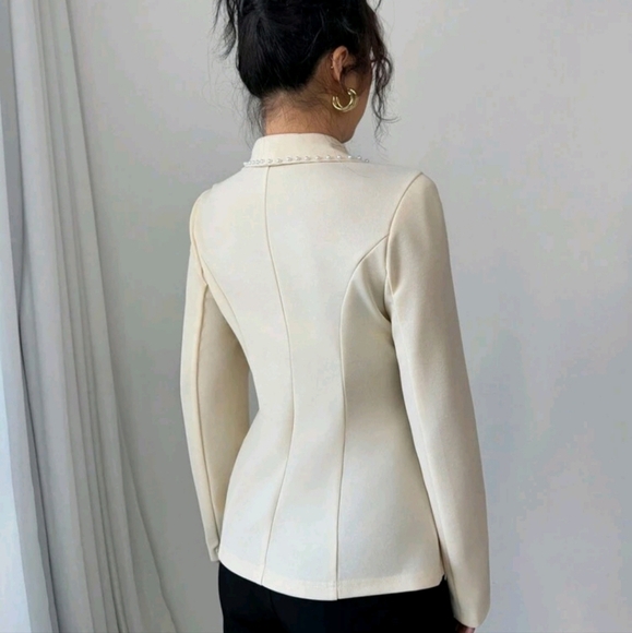 Women Elegant Commuting Pearl Embellished Lapel Long Sleeve Blazer - Picture 2 of 4
